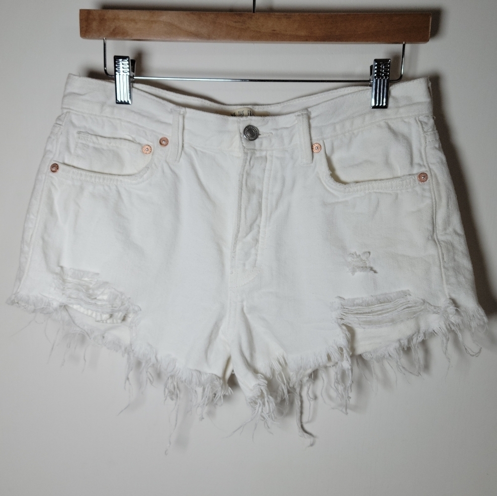 We The Free by Free People White Distressed Denim Button Fly Shorts Size 27